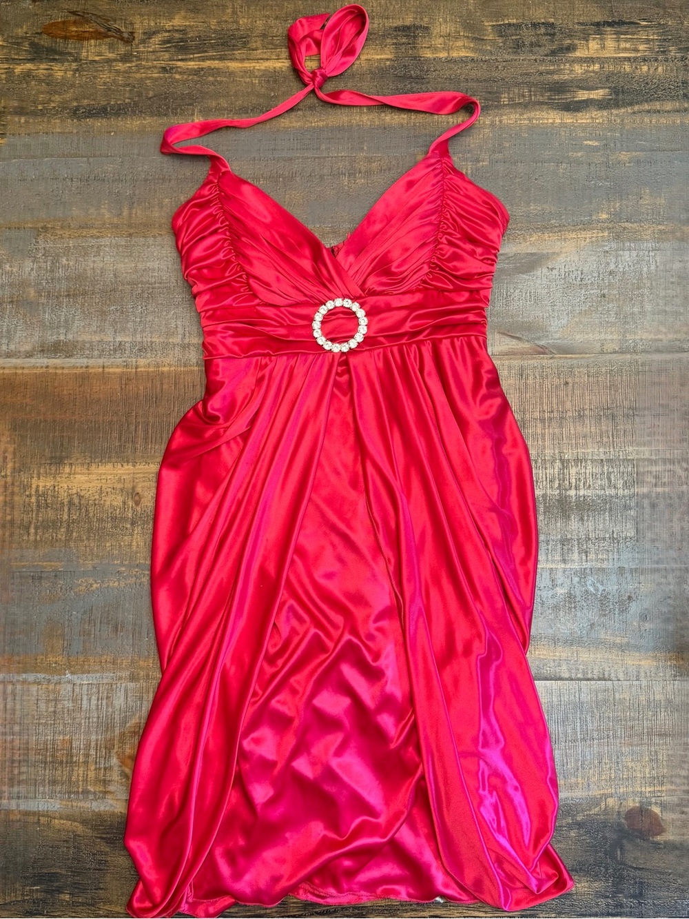 y2k city triangles Elegant Hot Pink Halter Satin Dress with Rhinestone Accent